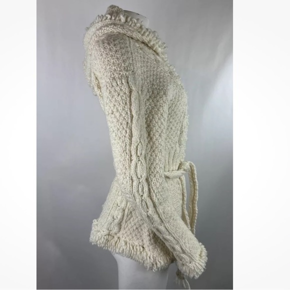 Sisandina Womens One Size 100% Wool Full Zip Fringe Hem Cardigan Cream Belted - Picture 3 of 5